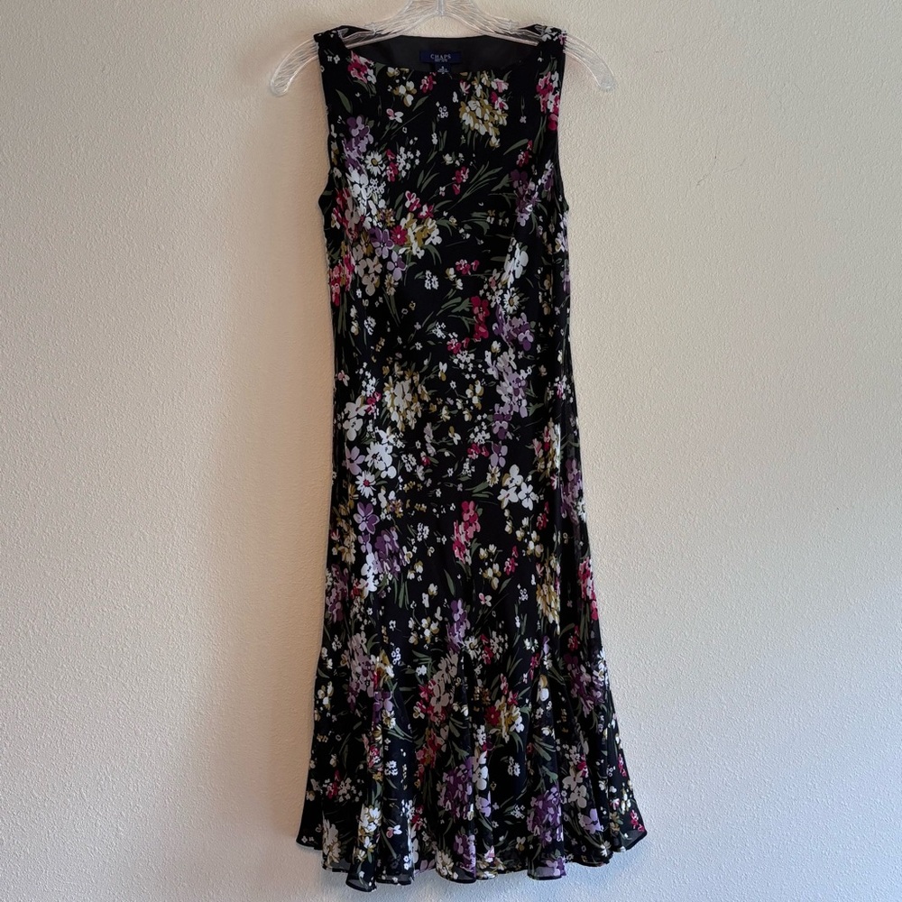 Chaps Women's Black w/ Pink White Floral  Sheath Midi Dress Size 6 Sleeveless